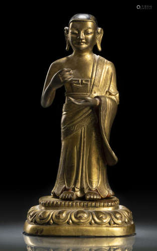 清18世纪晚期，汉藏风格 铜鎏金尊者莲座立像