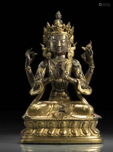 清18世纪，汉藏风格 四臂六字观音莲座铜坐像