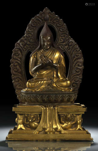清18世纪，汉藏风格 喇嘛双狮须弥座铜坐像
