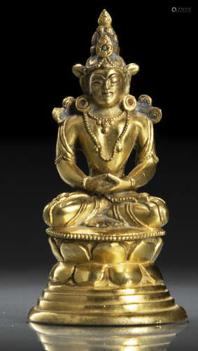 清18世纪，汉藏风格 铜鎏金无量寿佛莲座坐像
