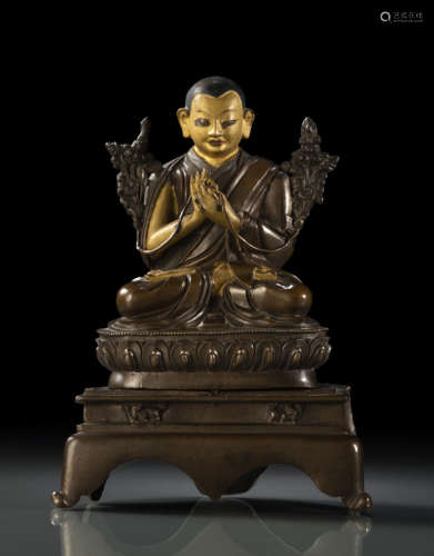 清18世纪，西藏风格 喇嘛双狮莲台座铜坐像