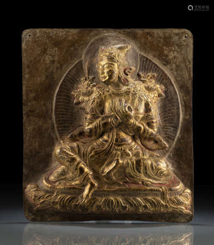 约清18世纪，西藏风格 铜鎏金浮雕女神明莲座坐像屏