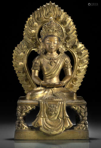 清乾隆/1770年左右 铜鎏金无量寿佛有屏台座坐像