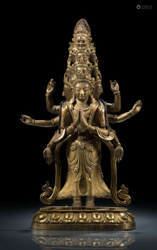 清18世纪，汉藏风格 铜鎏金准提菩萨莲座立像