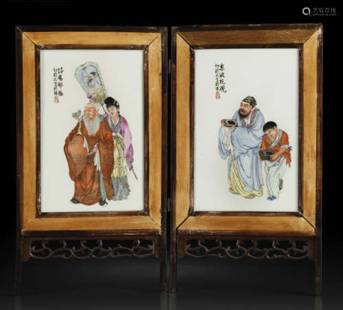 中国20世纪 人物图瓷板双联座屏