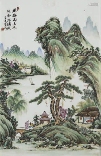 中国，题款所注日期为1972年 溪桥曳杖图瓷板 刘海戏金蟾瓷板各一