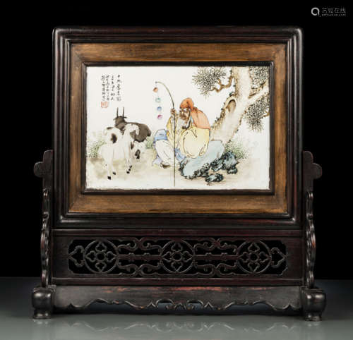 中国，题款所注日期为1936年 苏武牧羊图瓷板座屏