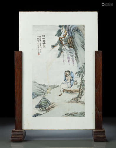 中国，题款所注日期为1920年 拐仙炼丹图瓷板座屏