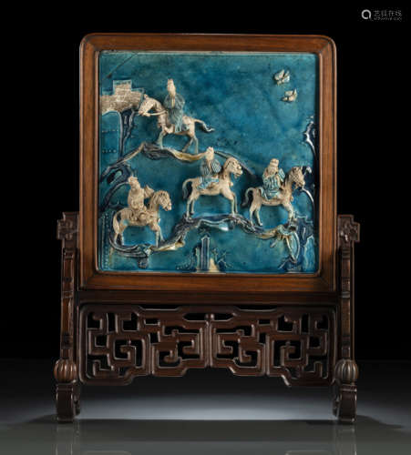 瓷板为明代，框座为清19世纪 法华釉四老图瓷板座屏