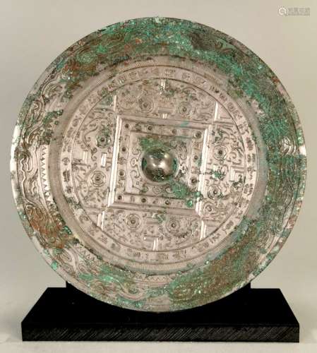 ANCIENT CHINESE BRONZE MIRROR ON STAND