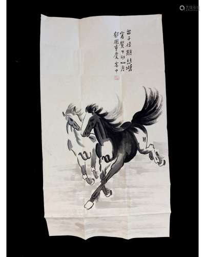 Chinese scroll painting - Horses - signed Xu Beihong