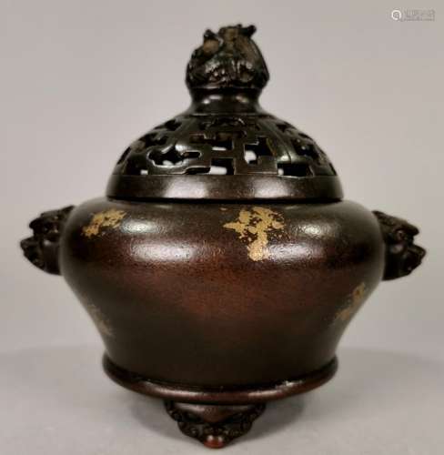 CHINESE GOLD-SPLASHED BRONZE CENSER