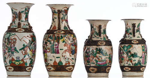 A pair of Chinese famille rose stoneware vases, decorated with a battle scene; added: two ditto vases, all with an impressed mark, H 35 - 44,5 cm