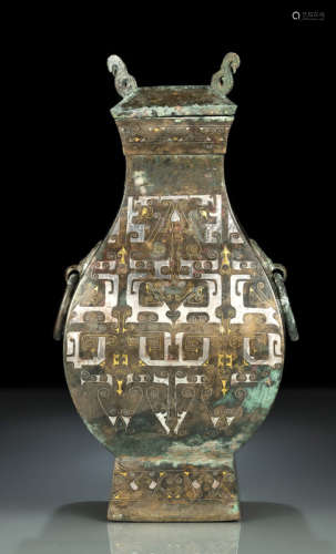 Seltener, großer Bronze Weinbehälter mit Silber- und Goldeinlagen vom Typ 'Fang Hu'