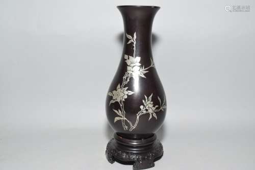 19-20th C. Chinese FuJian Silver Inlay Lacquer Vase
