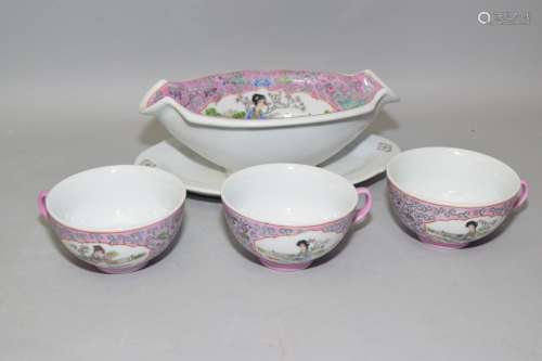 Chinese Famille Rose Maidens Tea Cups and Sauce Bowl