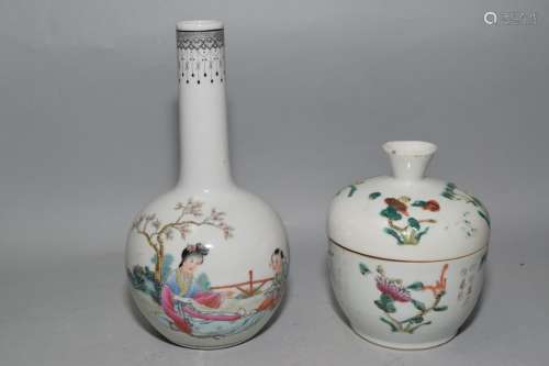 19-20th C. Chinese Famille Rose Vase and Covered Bowl