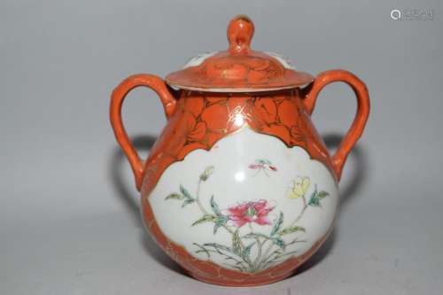 19-20th C. Chinese Iron Red and Gold Vignette Jar