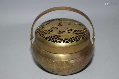 19-20th C. Chinese Brass Relief Carved Hand Warmer