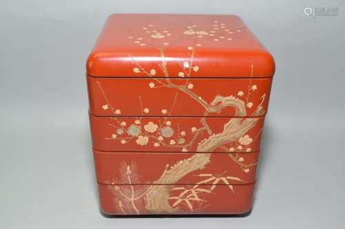 Japanese Maki-e Red Lacquer Snack Box