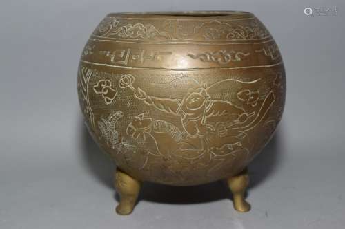 19-20th C. Chinese Bronze Relief Carved Censer