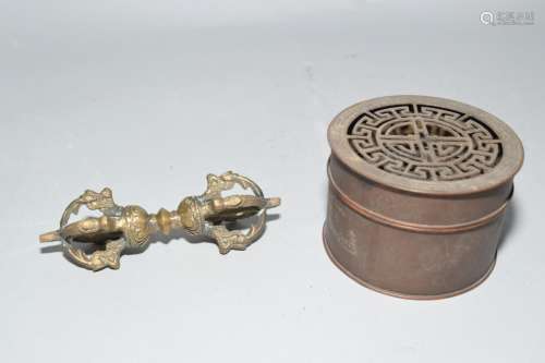 19-20th C. Chinese Bronze Censer and Tibetan Scepter