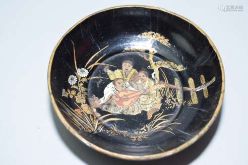 19th C. Japanese Gold Painted Black Lacquer Plate