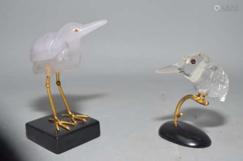 Two Rock Crystal and Rose Quartz Carved Birds
