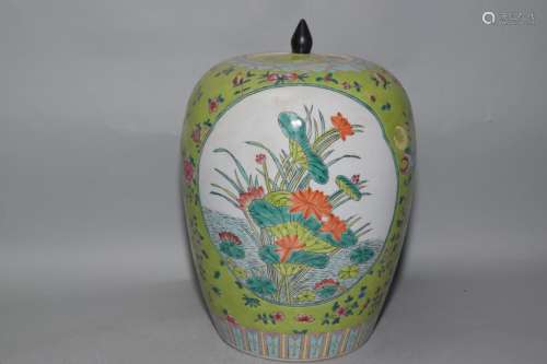 19-20th C. Chinese Green Glaze Famille Rose Jar
