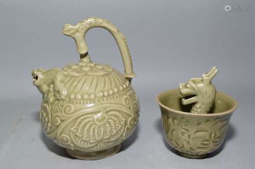 Chinese Faux YaoZhou Glaze Reverse Wine Pot and Cup