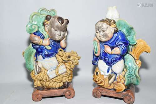 Pair of 19-20th C. Chinese ShiWan Pottery Figures