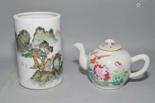 19-20th C. Chinese Famille Rose Brush Pot and Teapot