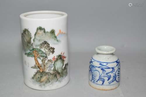 Republic Chinese Famille Rose Brush Pot and B&W Vase