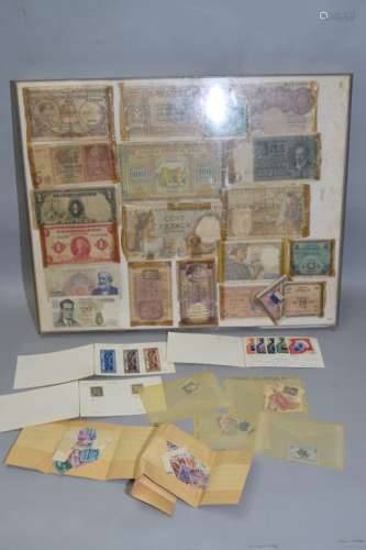 Group of International Currency and Stamps