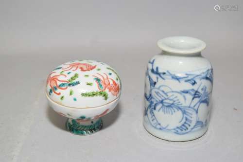 19-20th C. Chinese Famille Rose Stamp Ink Box and Vase