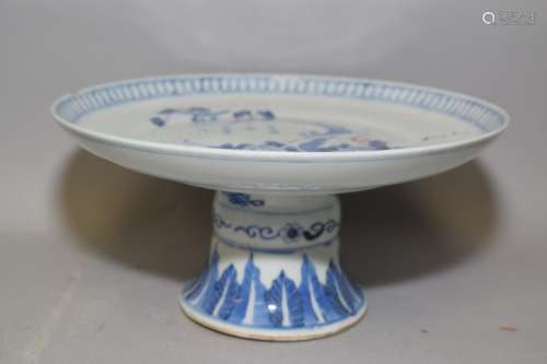 Qing Chinese Blue and White High-Foot Plate