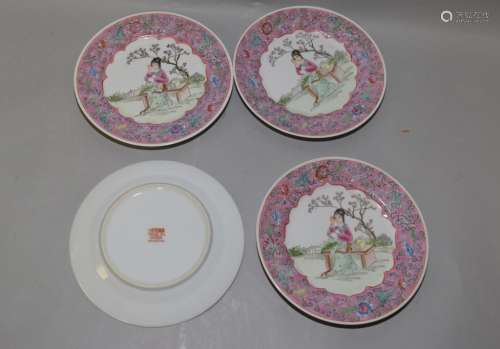Four 20th C. Chinese Famille Rose Maiden Plates