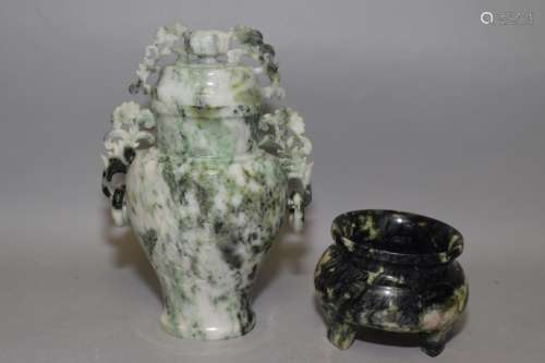 20th C. Chinese Jade Carved Censer and Jadeite Vase