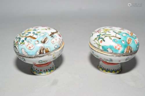 Pair of 19-20th C. Chinese Famille Rose Stamp Ink Boxes