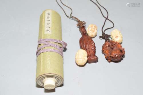 Japanese Painting Scroll and Small Amulets