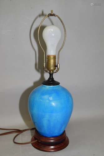 Chinese Peacock Blue Glaze Vase Lamp