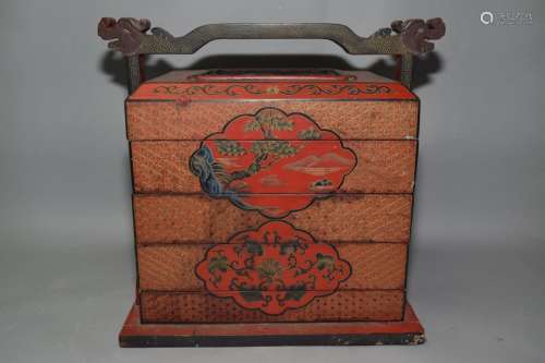 19th C. Chinese Lacquer Filled and Carved Snack Box