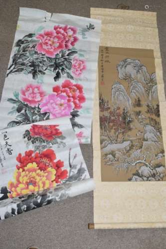 Chinese Watercolor Scroll and Two Flower Paintings