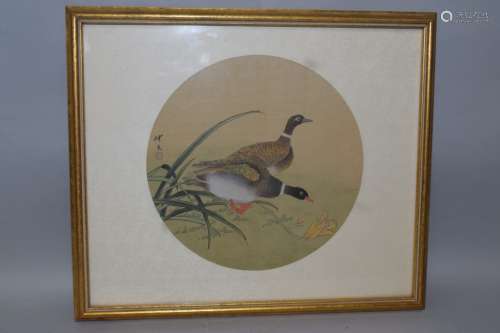 Chinese Watercolor Painted Ducks Fan