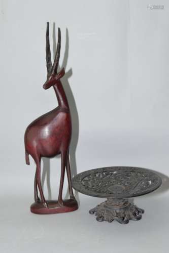 Wood Carved Deer and Bronze Fruit Platter