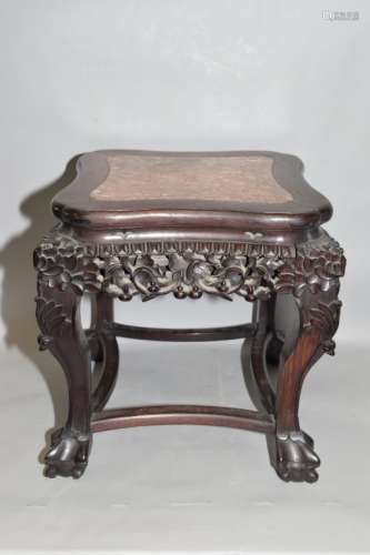 19th C. Chinese Marble Inlay Hongmu Carved Stand