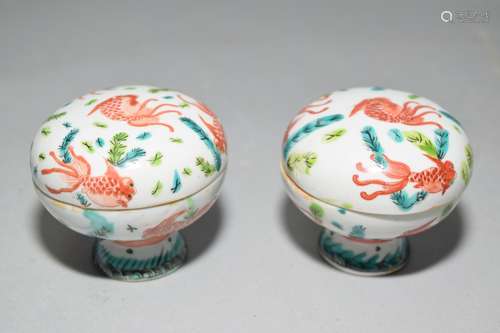 Pair of Chinese WuCai Gold Fish Stamp Ink Box