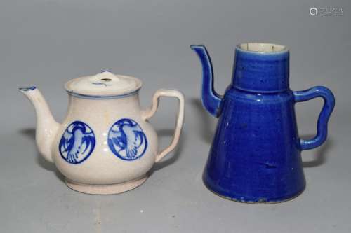 19-20th C. Chinese Cobalt Blue and Faux Ge Glaze Teapots