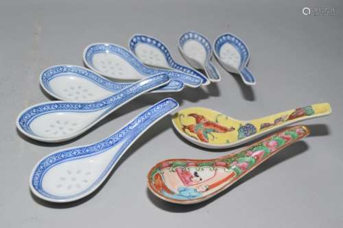 Group of 19th C. Chinese Famille Rose/B&W Spoons