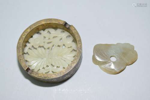 Qing Chinese Jade Inlay Bronze Holder and Jade Amulet
